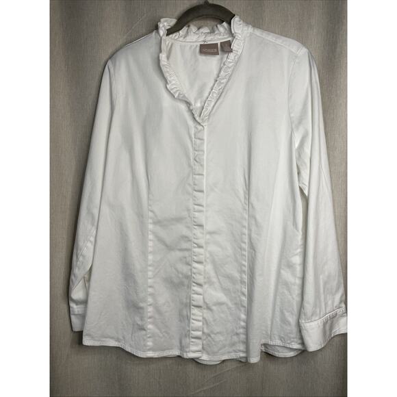 Chico’s Women’s Size 1 - Button-Up / Long Sleeve White Top /Ruffle Collar - Picture 1 of 4